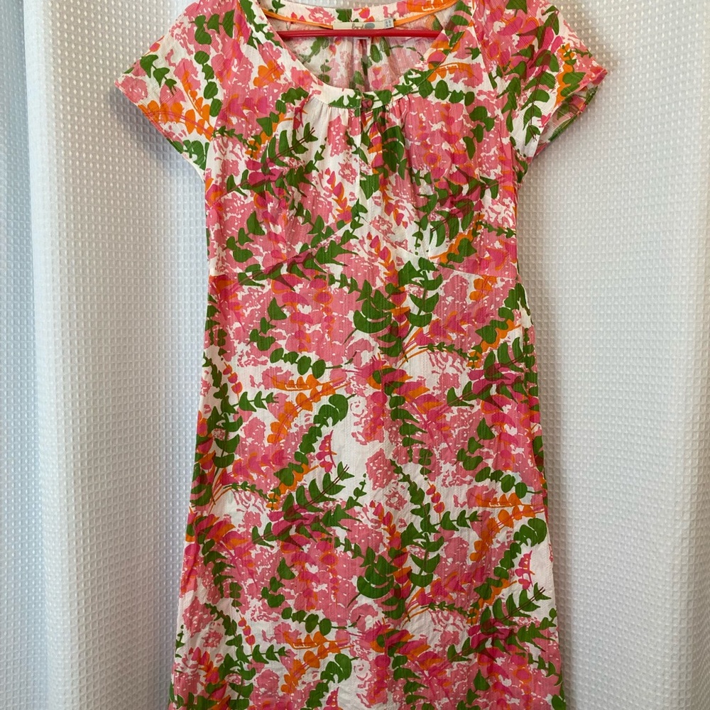 Boden Pink Floral Short-Sleeve Shift Dress with Green & Orange Accents